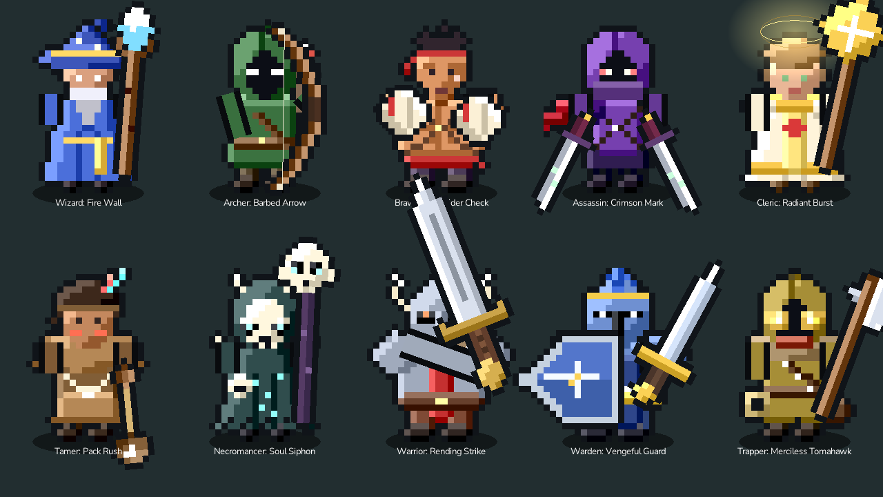The ten playable classes: Wizard, Archer, Brawler, Assassin, Cleric, Tamer, Necromancer, Warrior, Warden and Trapper